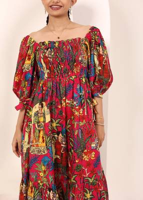 Navy blue tropical print angrakha style cotton kurta top 4