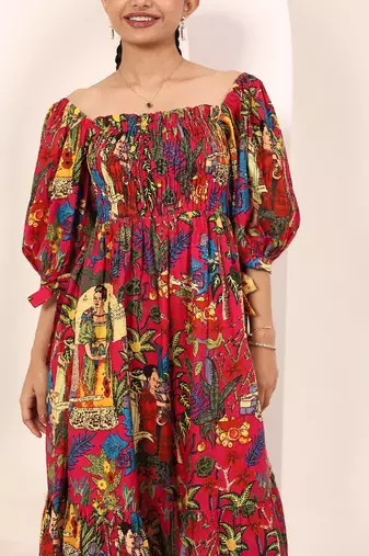 Navy blue tropical print angrakha style cotton kurta top