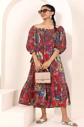 Navy blue tropical print angrakha style cotton kurta top