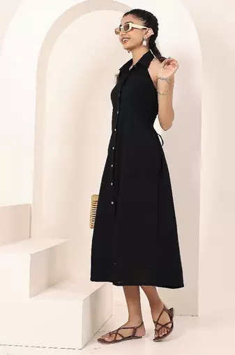 Navy blue tropical print angrakha style cotton kurta top