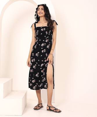 Navy blue tropical print angrakha style cotton kurta top 2