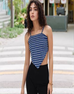 Navy blue tropical print angrakha style cotton kurta top 1