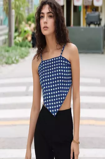 Navy blue tropical print angrakha style cotton kurta top