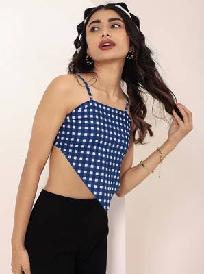 Navy blue tropical print angrakha style cotton kurta top 3
