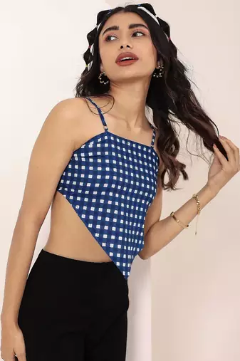 Navy blue tropical print angrakha style cotton kurta top