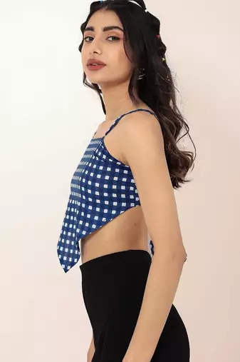 Navy blue tropical print angrakha style cotton kurta top