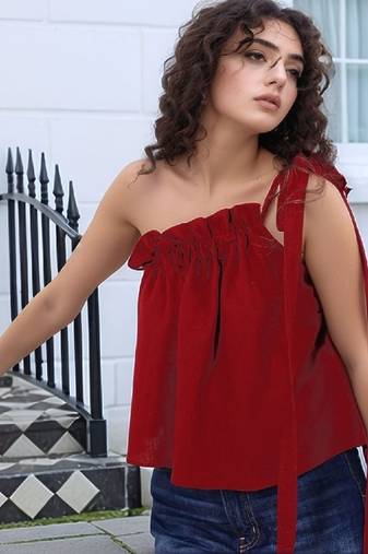 Navy blue tropical print angrakha style cotton kurta top