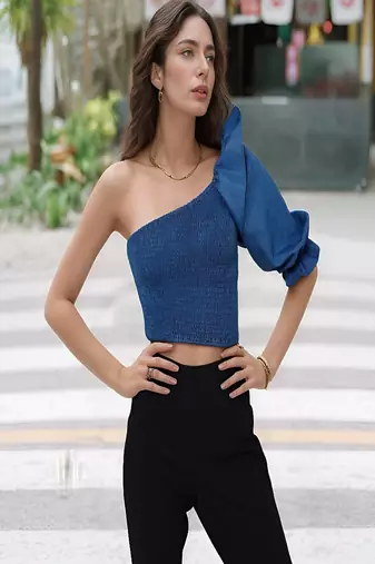 Navy blue tropical print angrakha style cotton kurta top