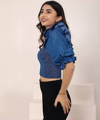 Navy blue tropical print angrakha style cotton kurta top 5