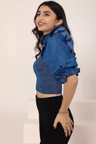 Navy blue tropical print angrakha style cotton kurta top