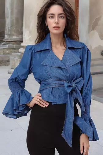 Navy blue tropical print angrakha style cotton kurta top