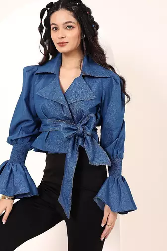 Navy blue tropical print angrakha style cotton kurta top