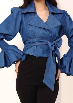 Navy blue tropical print angrakha style cotton kurta top 5