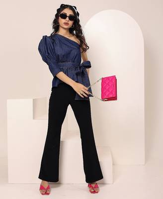 Navy blue tropical print angrakha style cotton kurta top 1