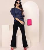 Navy blue tropical print angrakha style cotton kurta top