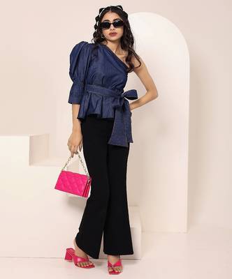 Navy blue tropical print angrakha style cotton kurta top 3