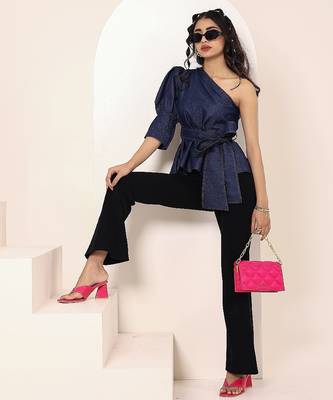 Navy blue tropical print angrakha style cotton kurta top 4