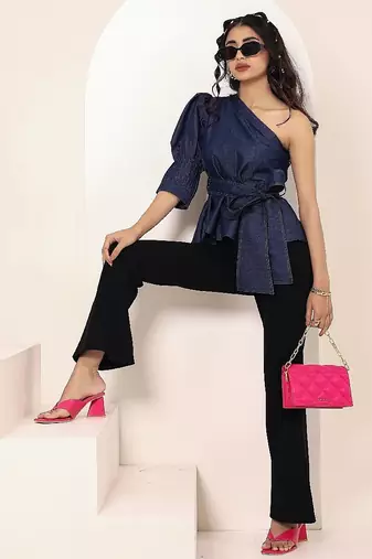Navy blue tropical print angrakha style cotton kurta top