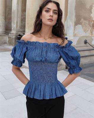 Navy blue tropical print angrakha style cotton kurta top 1