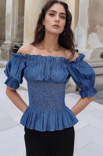 Navy blue tropical print angrakha style cotton kurta top