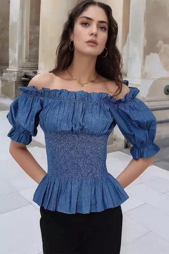 Navy blue tropical print angrakha style cotton kurta top