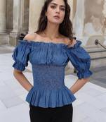 Navy blue tropical print angrakha style cotton kurta top