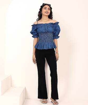 Navy blue tropical print angrakha style cotton kurta top 2