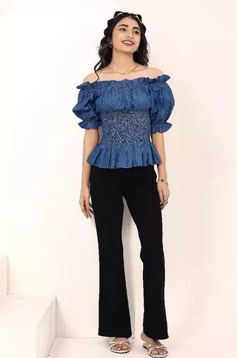 Navy blue tropical print angrakha style cotton kurta top