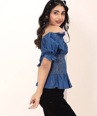 Navy blue tropical print angrakha style cotton kurta top 3