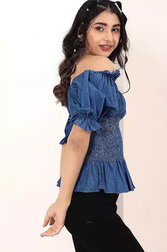 Navy blue tropical print angrakha style cotton kurta top