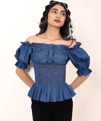 Navy blue tropical print angrakha style cotton kurta top 4