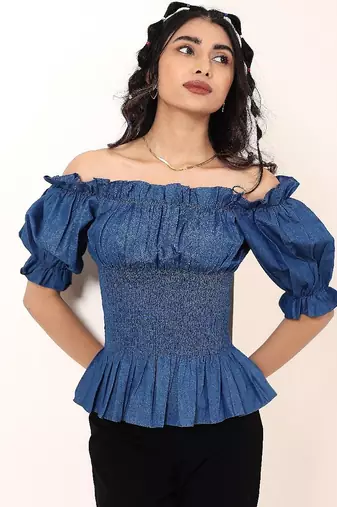 Navy blue tropical print angrakha style cotton kurta top