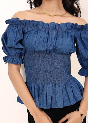 Navy blue tropical print angrakha style cotton kurta top 5