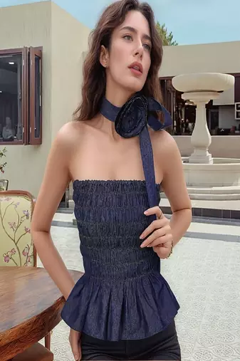 Navy blue tropical print angrakha style cotton kurta top