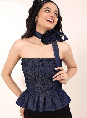 Navy blue tropical print angrakha style cotton kurta top 3