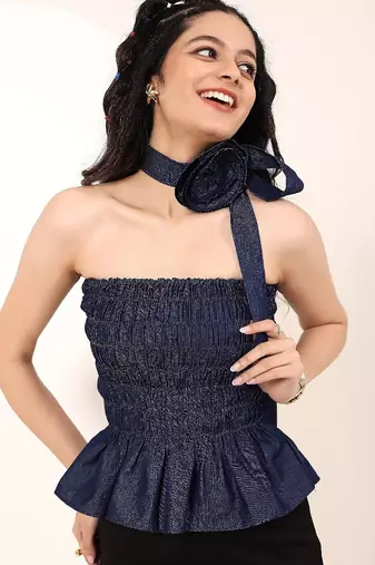 Navy blue tropical print angrakha style cotton kurta top
