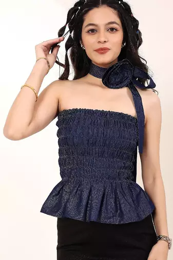 Navy blue tropical print angrakha style cotton kurta top