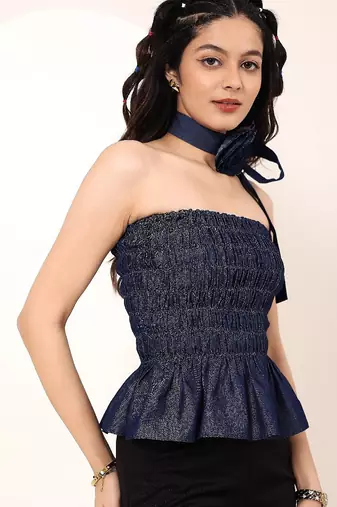 Navy blue tropical print angrakha style cotton kurta top