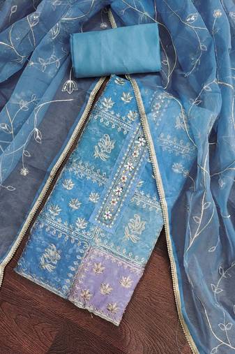 Women's blue viscose organza handwork unstitched dress material