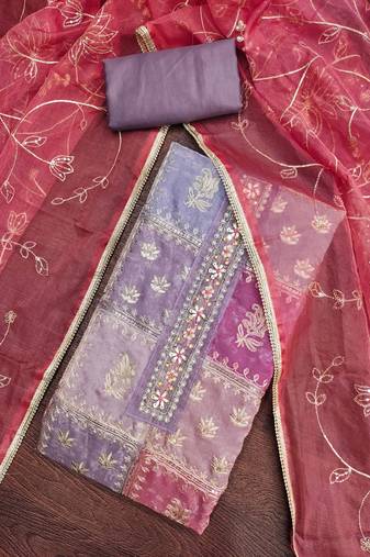 Women's purple viscose organza handwork unstitched dress material
