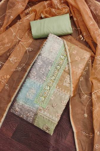 Women's mint viscose organza handwork unstitched dress material