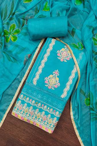 Women's blue premium roman cotton embroidered unstitched dress material
