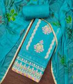 Women's blue premium roman cotton embroidered unstitched dress material