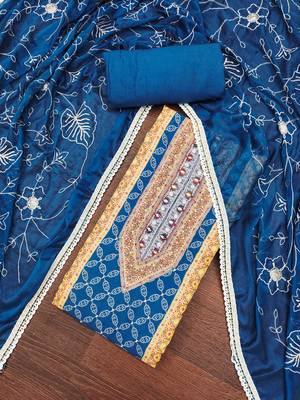 Women's blue cotton handwork unstitched dress material 1
