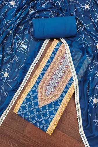Women's blue cotton handwork unstitched dress material