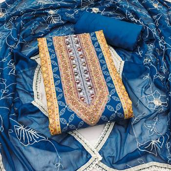 Women's blue cotton handwork unstitched dress material 2