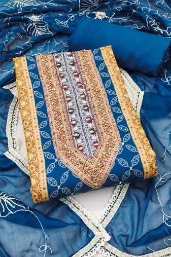 Women's blue cotton handwork unstitched dress material