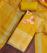 Women's yellow cotton silk embroidered unstitched dress material