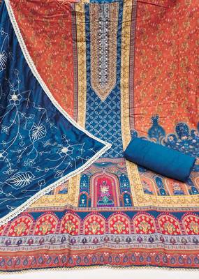 Women's blue cotton handwork unstitched dress material 3