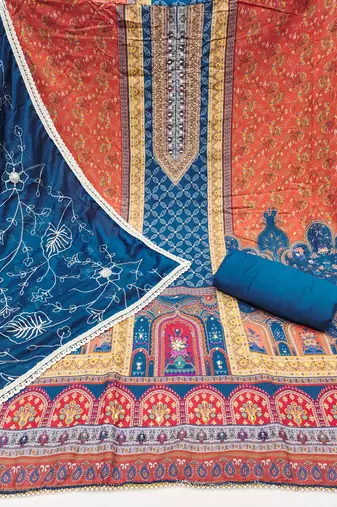 Women's blue cotton handwork unstitched dress material